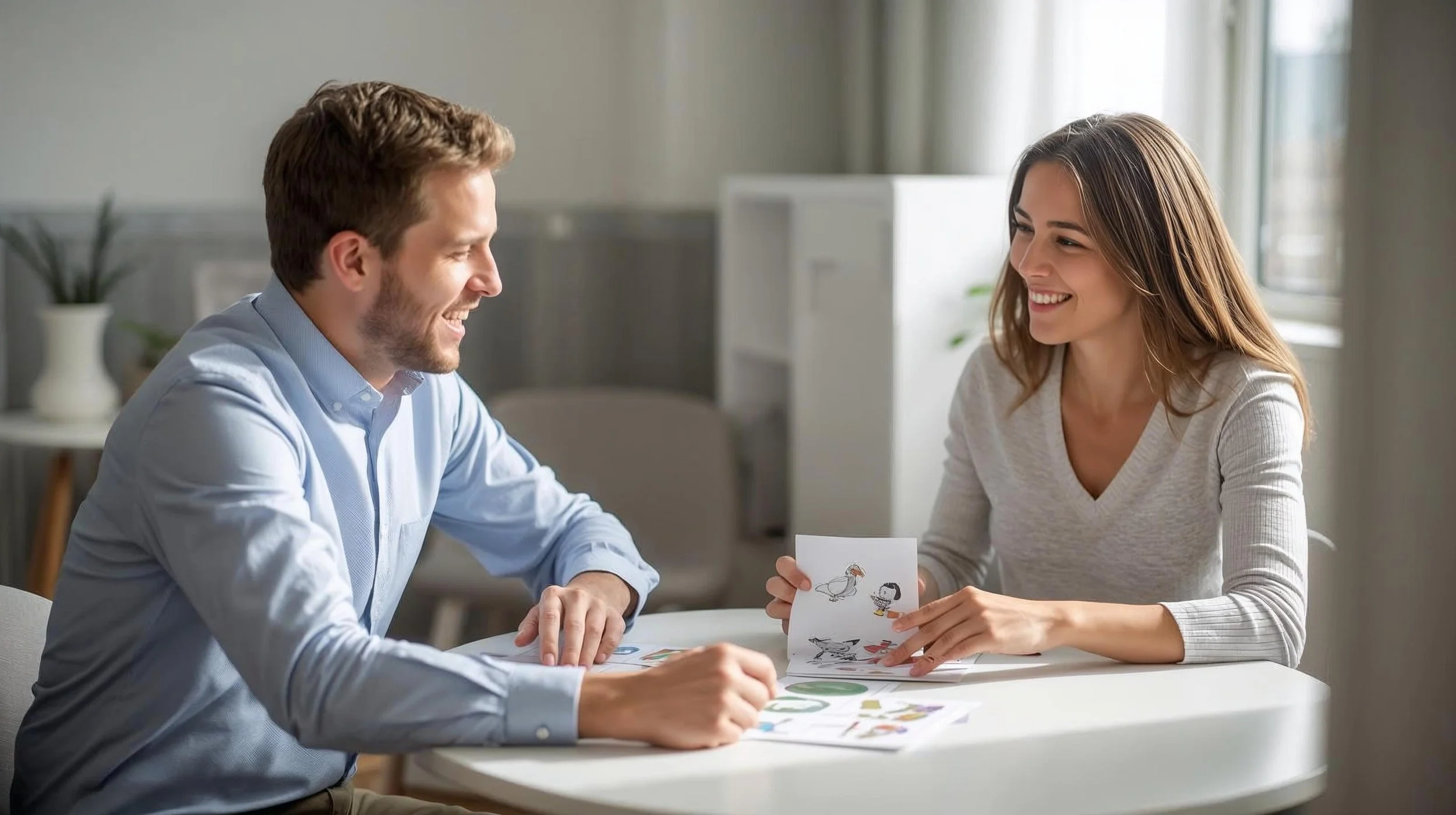A man and woman sitting at a white table, smiling and looking at each other, with the woman holding a drawing of a bird and a person.