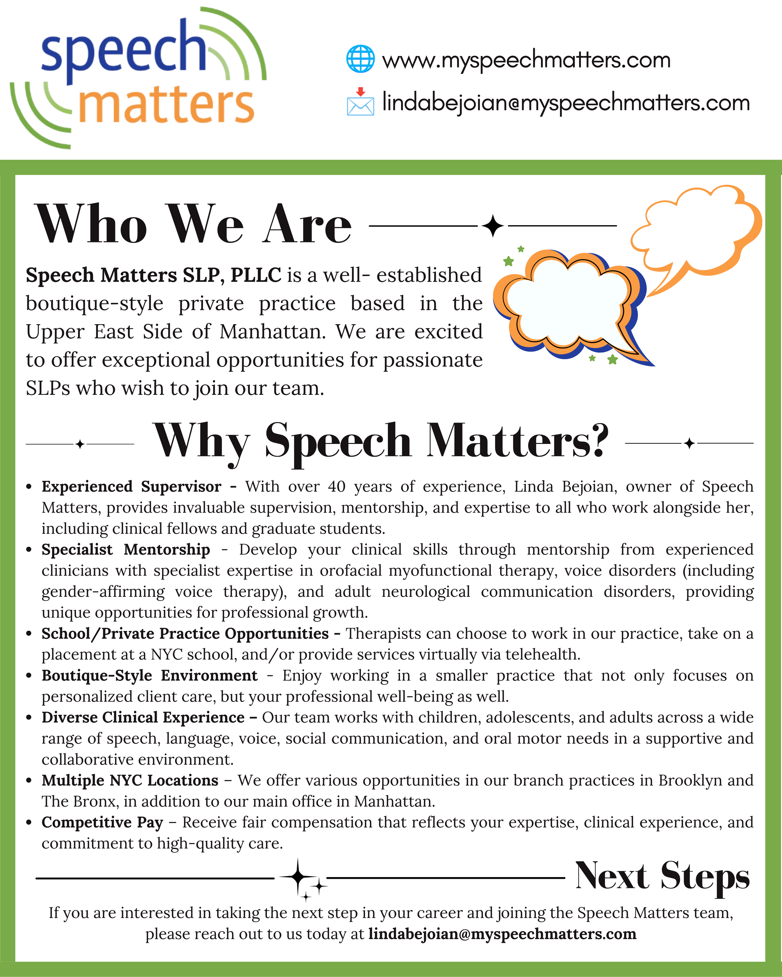 Banner for Speech Matters with contact info including website and email. The section titled "Who We Are" describes Speech Matters SLP, PLLC, a private practice in Manhattan serving clients on the Upper East Side, offering clinical mentoring, private practice opportunities, and a boutique-style environment. The banner includes a speech bubble graphic and a green border.