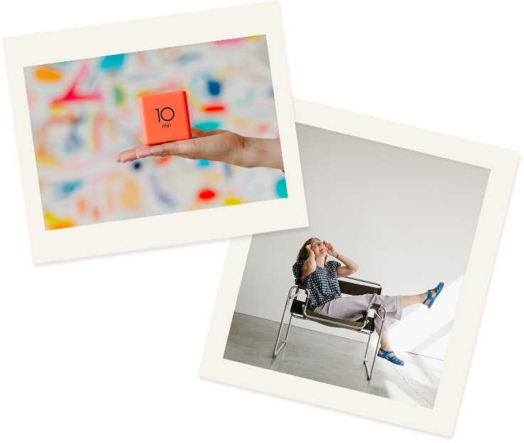 two overlapping pictures. one has a hand holding a cube timer, the other shows coach tammie bennett laughing in a chair