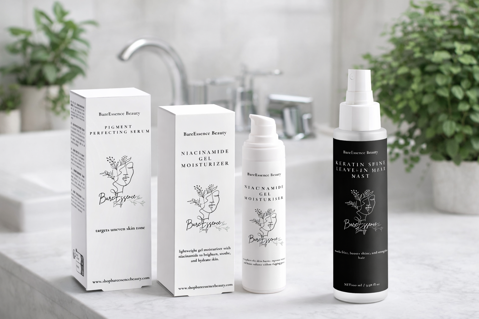 Close-up of green leaves on thin branches of a houseplant against a light background.