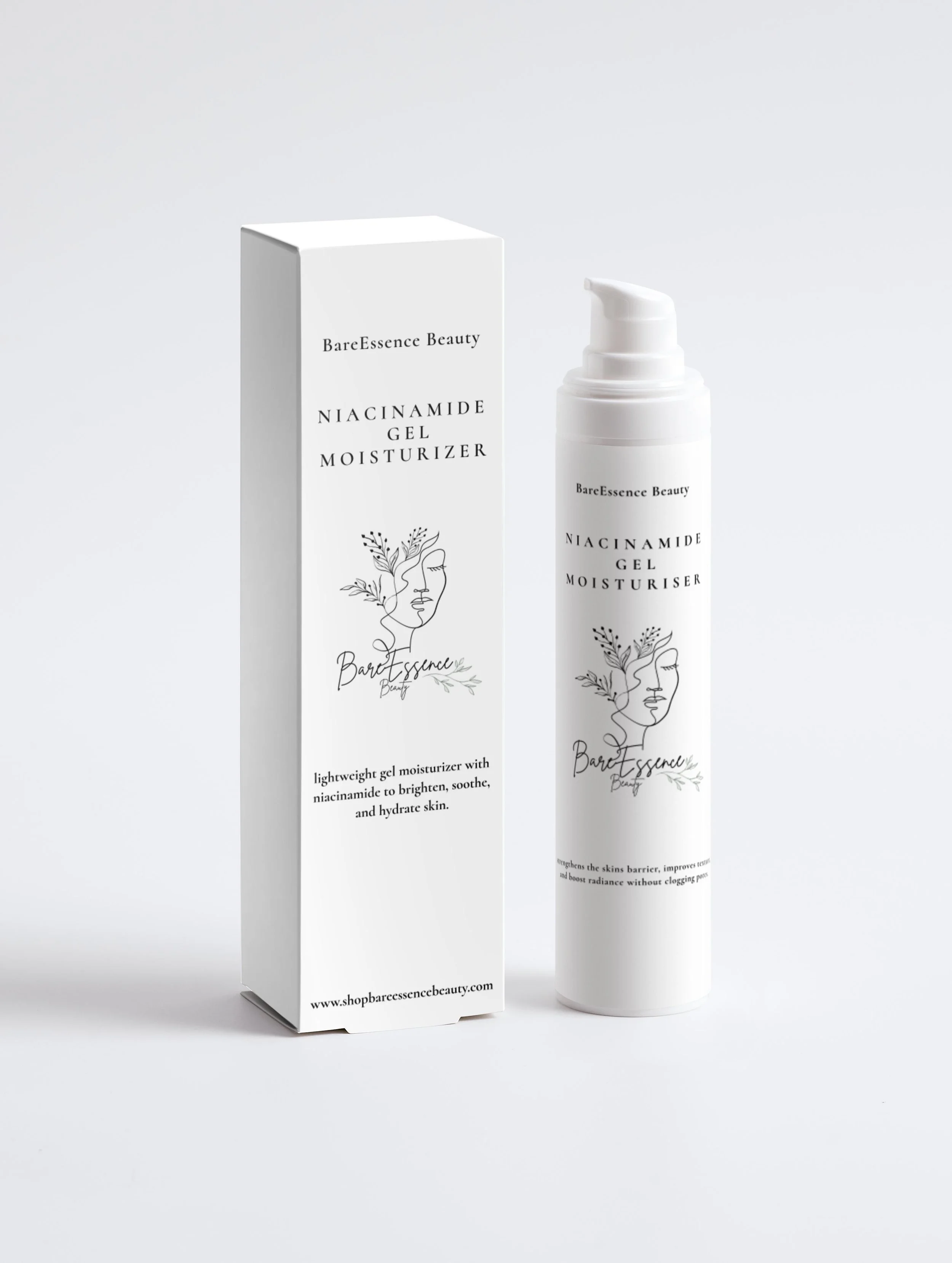 A white bottle of BareEssence Beauty Niacinamide Gel Moisturizer with a pump dispenser next to its white packaging box decorated with a minimal line drawing of a woman's face with plants.