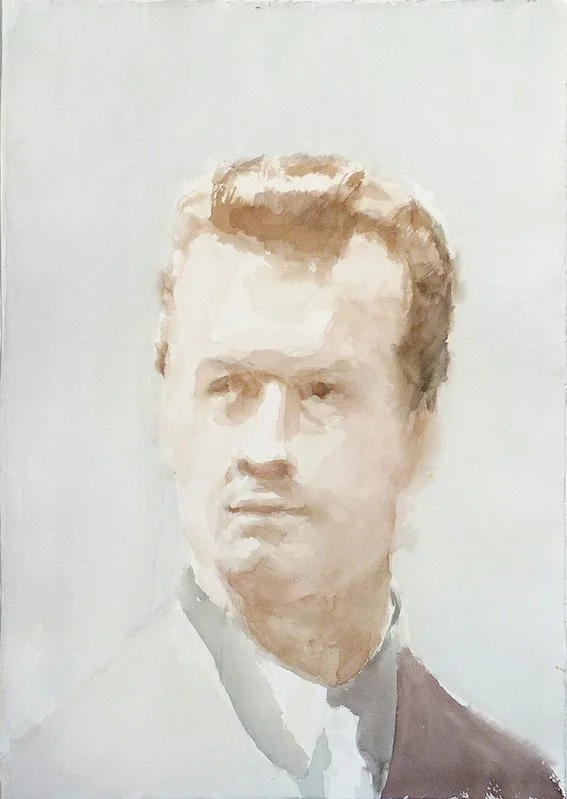 Katharina Kohl, Felix Schwarz, 2013  Landeskriminalamt Hamburg Polizeioberrat  Aus der Serie „Personal-Befragungen“ (in Arbeit) Aquarell auf Bütten, 52 x 37 cm  Zitat: “Ich würde unser Opfer nicht als Kriminellen, als Berufskriminellen bezeichnen."