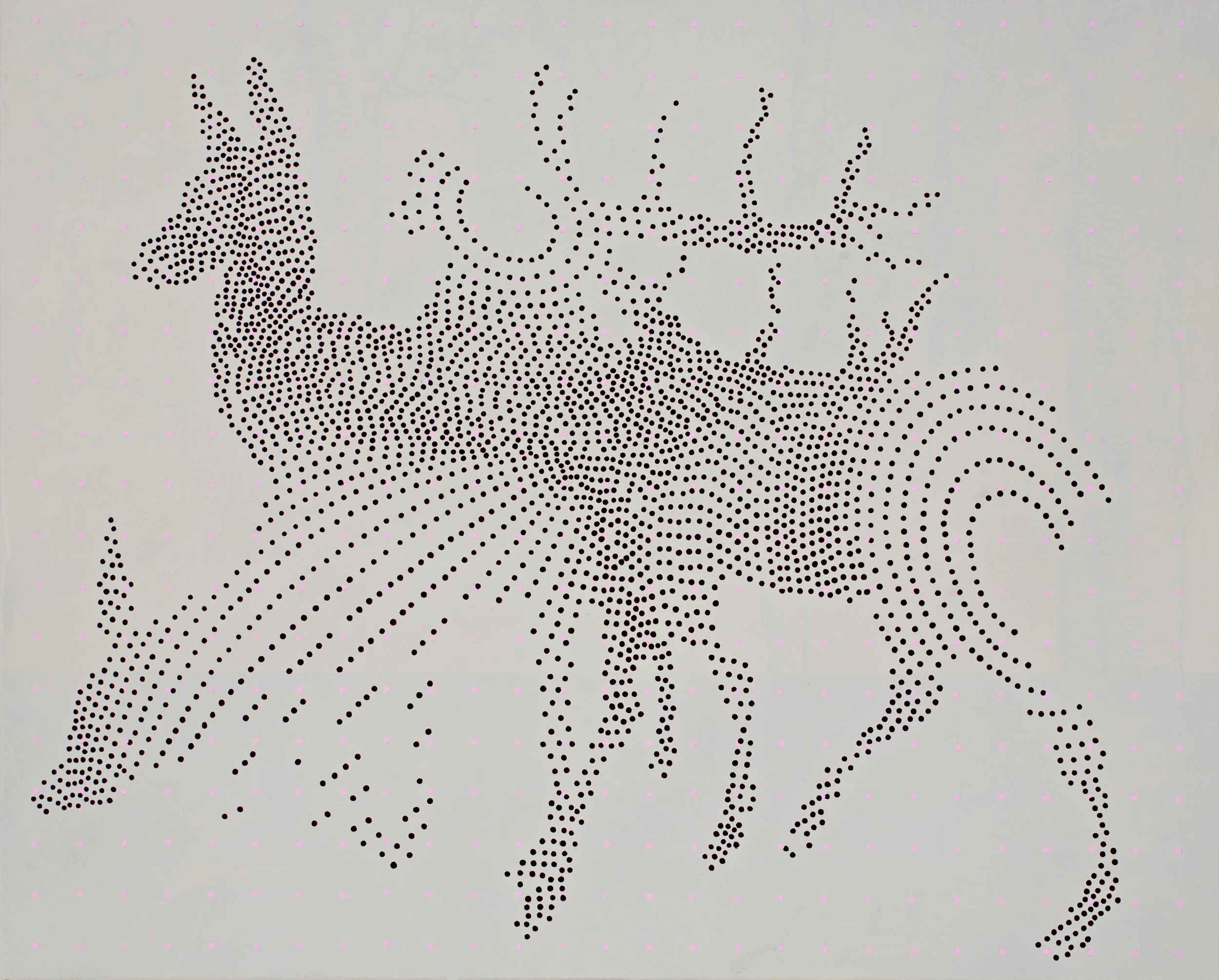 Ari Goldmann, Hirsche, 2008 - Öl auf Leinwand, gezeigt wird eine nach links schauende Gruppe aus Hirsch und Hirschkühen - nur angedeutet in dunklen Punkten auf hellgrauem Hintergrund, die Helligkeiten durch die Dichte der Punkte bestimmt