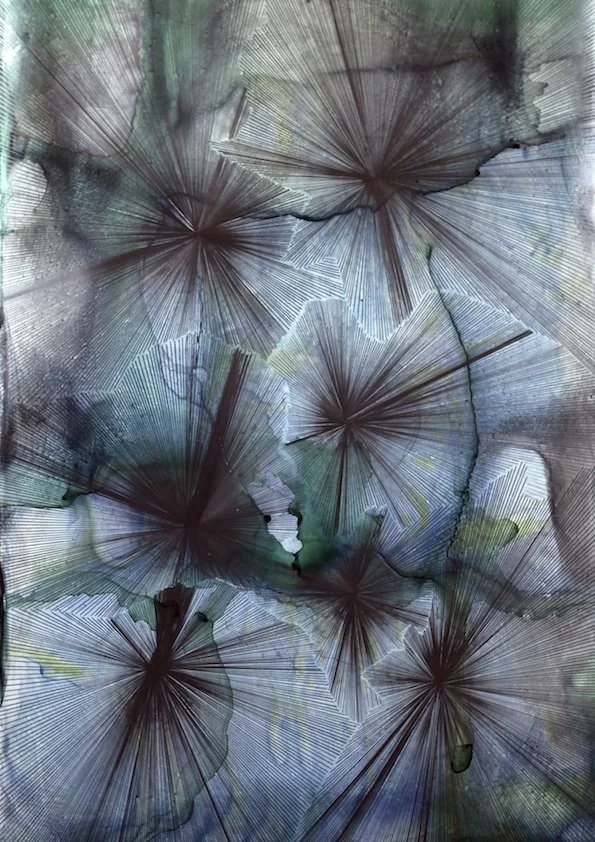 Simon Halfmeyer, Stars 2, 2015  Aquarell und Graphit auf Schichtstoff 181 x 121 cm - großformatig abstraktes Grafitbild mit sternförmigen Elementen