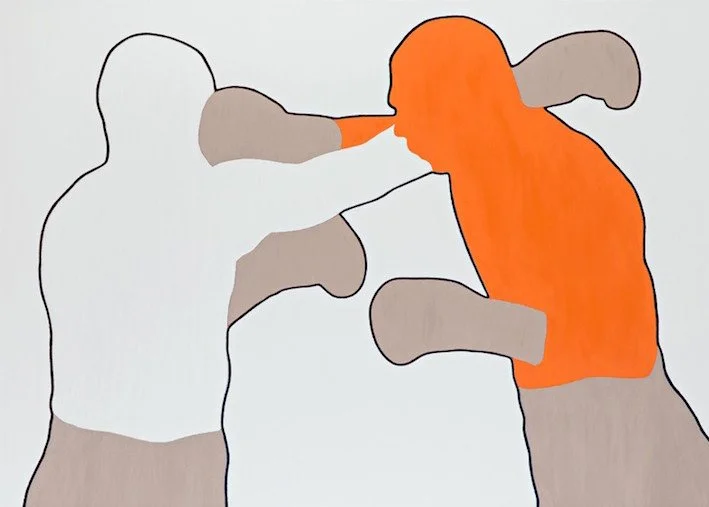 Ari Goldmann, Klitschko, 2016 - Öl auf Leinwand, zwei Boxer, körperlich nahezu verbunden in der Vehemenz der gegenseitigen Krafteinwirkung. Abstrahiert in den Farben Orange & Grau mit schwarzer Umrisslinie.