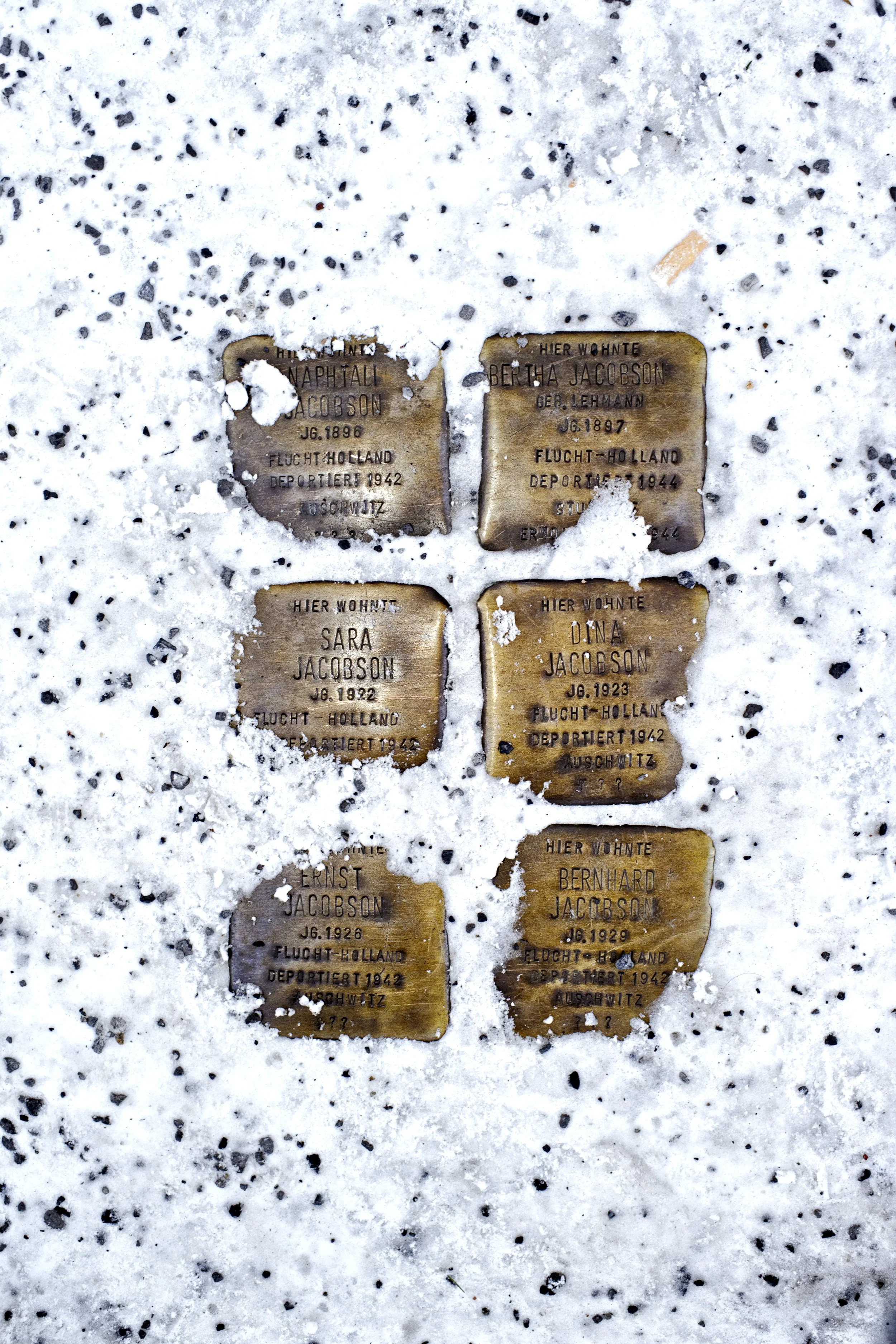Amos Schliack, Stolpersteine, Rappstraße 2 - Fotografie der Stolpersteine nach einem Schneefall. 