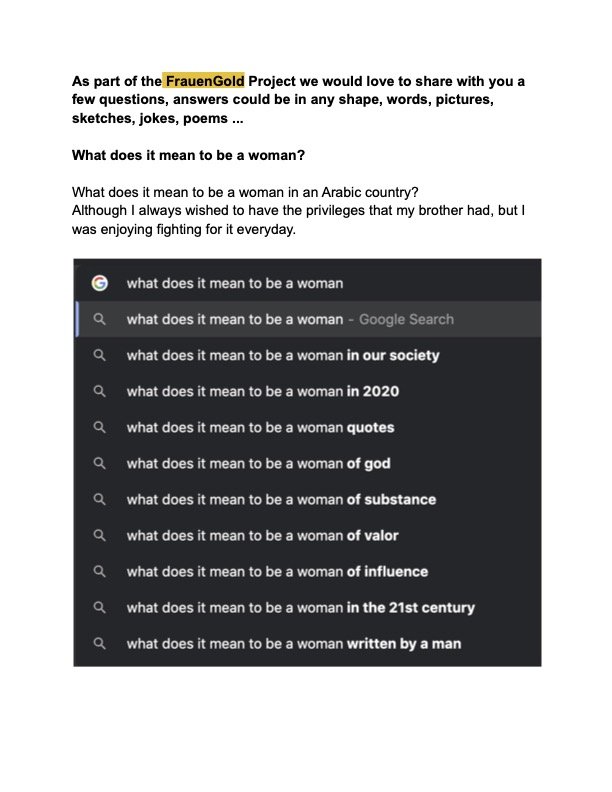Razan Sabbagh & Hend El Balouty  FrauenGold, 2021  Edition – Print der online durchgeführten Diskussion auf Google Doc, das am 31. Oktober 2021 abgeschlossen ist. Details werden danach bekanntgegeben, Interessierte können sich auf eine Benachrichtigu