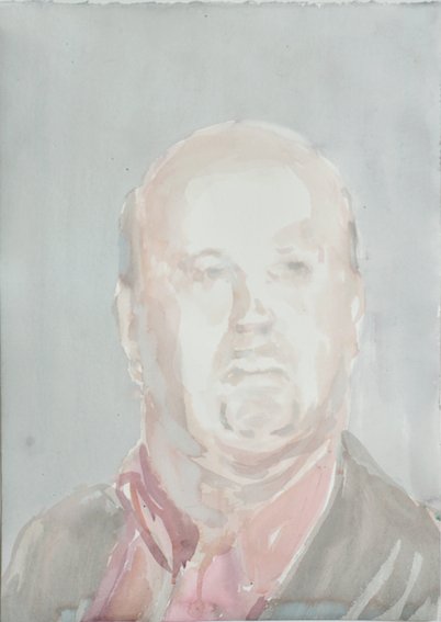 Katharina Kohl: Andreas Temme, 2015  Landesamt für Verfassungsschutz Hessen, “V-Mann-Führer”  Aus der Serie „Personal-Befragung", Aquarell auf Bütten, 52 x 37 cm 