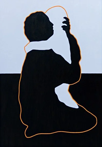 Ari Goldmann, Mutter mit Kind, 2014, Acrylbild einer Frau, die ein Kind umarmt - abstrahierend schwarz/weiß mit orangefarbener Umrisslinie