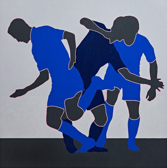 Ari Goldmann, BVB, 2014, Öl auf Leinwand - eine Gruppe von Fußballspielern verwoben in der Aktion, abstrahierend in Blau und Grautönen mit rosafarbener Umrisslinie