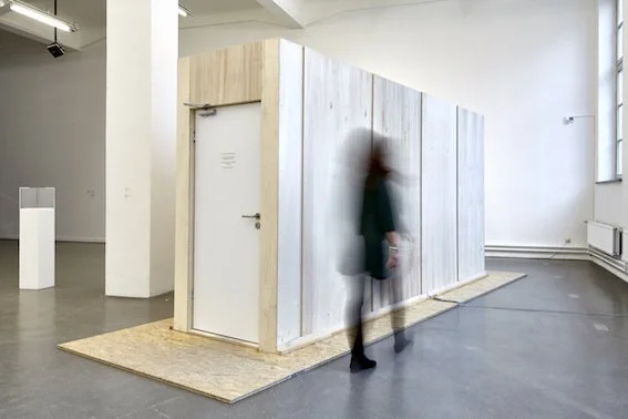 Sylvia Henze, C27H29NO11, 2019 - Installation: Ein Gang mit zwei Türen. Im Inneren eine Tapete aus Köpfen in verschiedenen Stadien des Haarverlustes während der Chemotherapie, beleuchtet von funzeligen Glühbirnen. Am Ausgang eine Altbautür