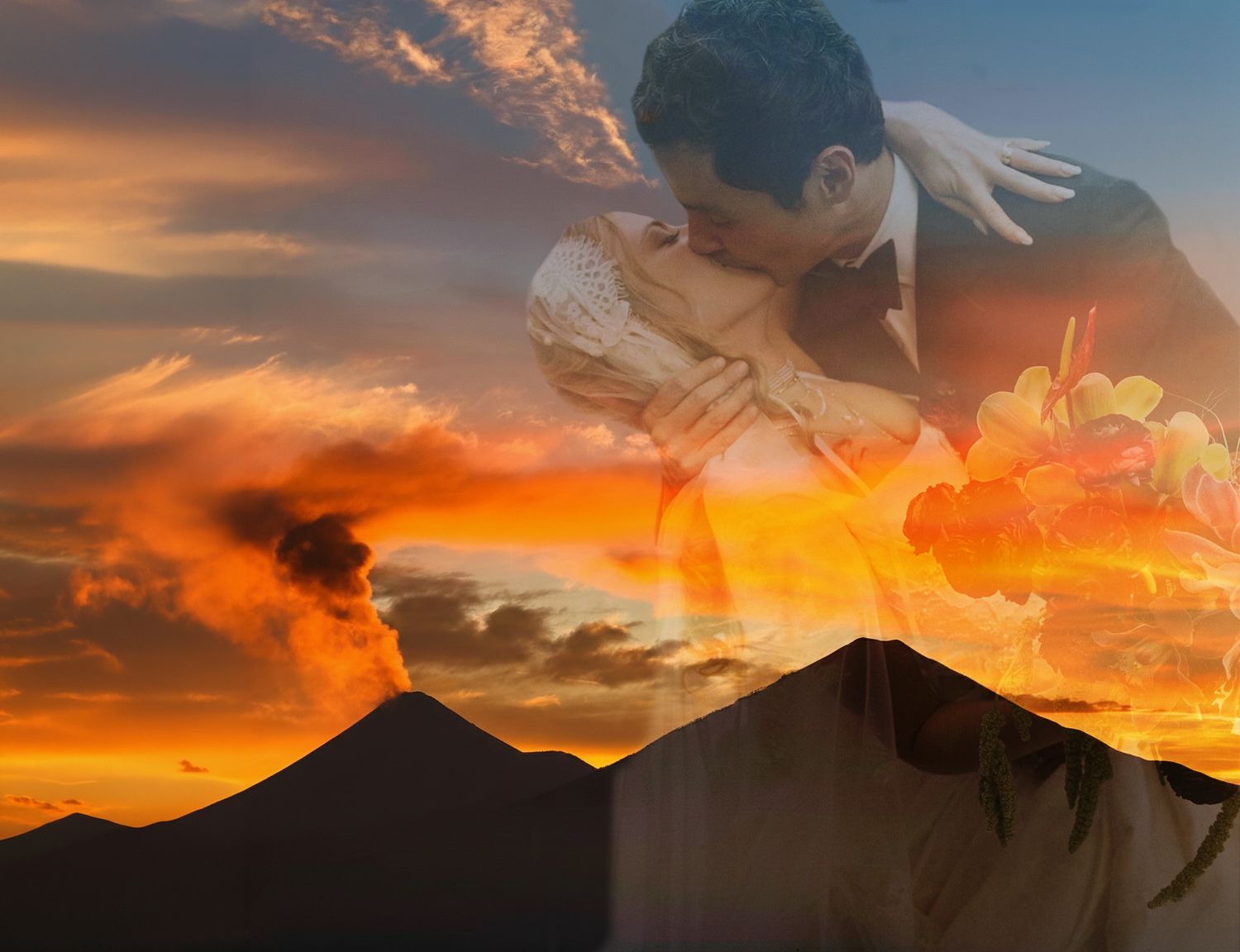 creative composite image blending couple and landscape at sunset