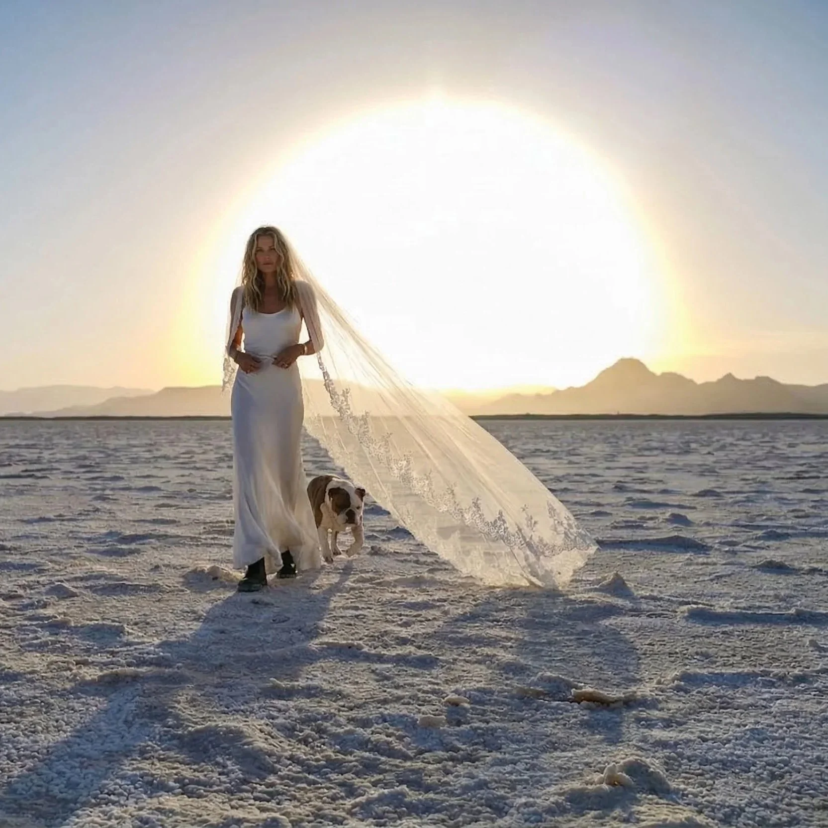 bride in flowing dress on sandy salt flats with dramatic sky