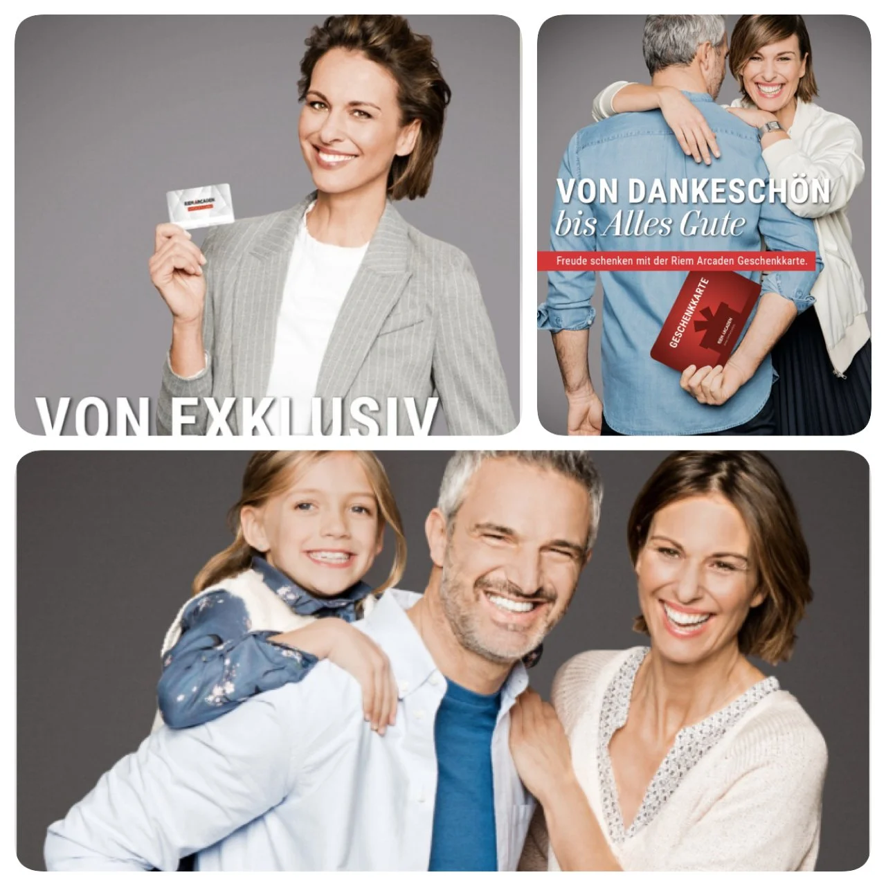 Drei Gruppen von Menschen, die Freude zeigen. Die erste Gruppe zeigt eine Frau, die eine Karte hält. Die zweite Gruppe besteht aus einem Mann und einer Frau, die sich umarmen, mit dem Fokus auf die Frau, die eine Geschenkkarte hält. Die dritte Gruppe