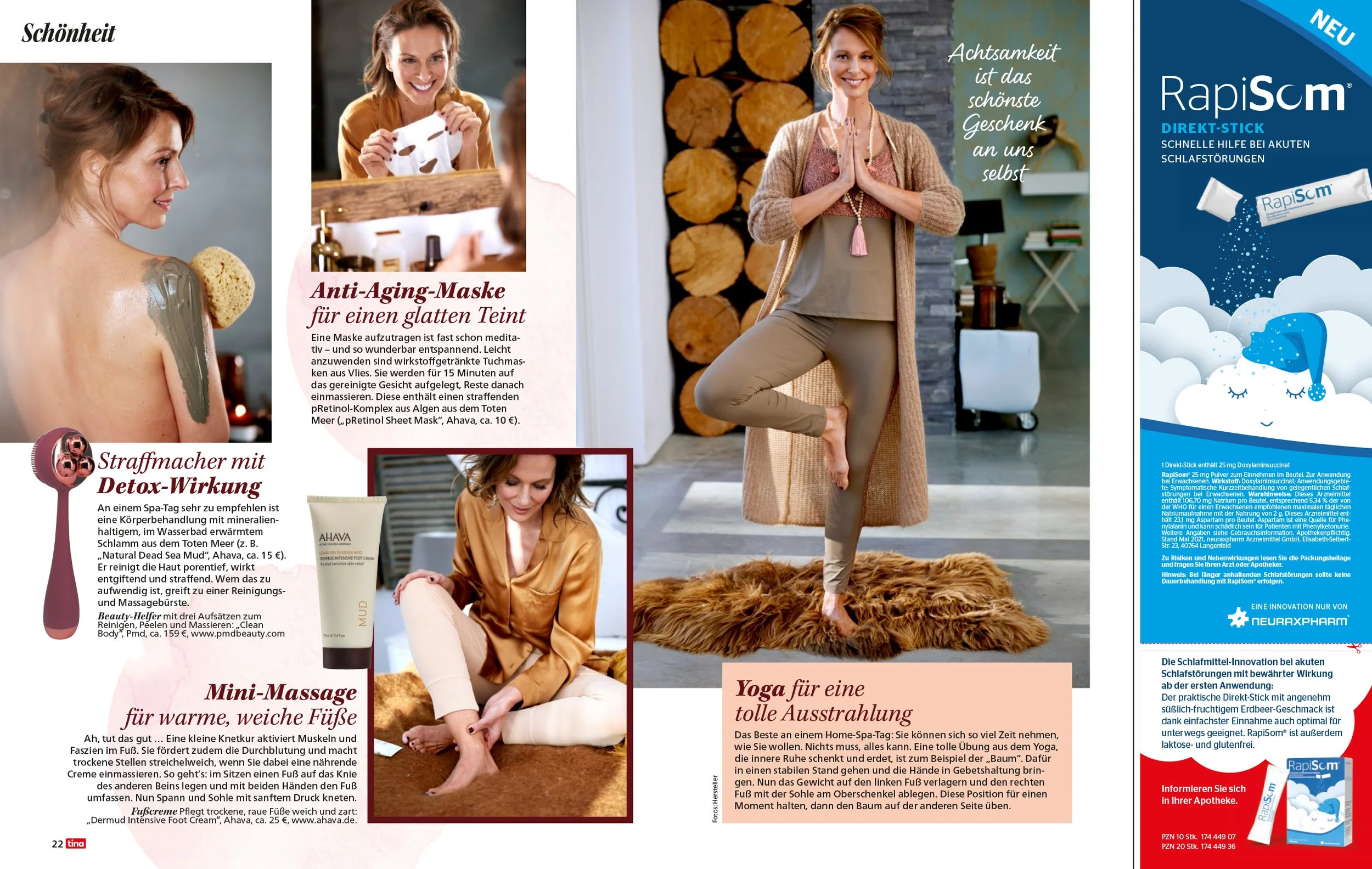 Eine Frau macht Yoga in einem stylischen Raum, während eine andere Frau eine Gesichtsmaske aufträgt und eine Massage erhält. Es gibt auch eine Frau, die eine Anti-Aging-Maske anwendet.