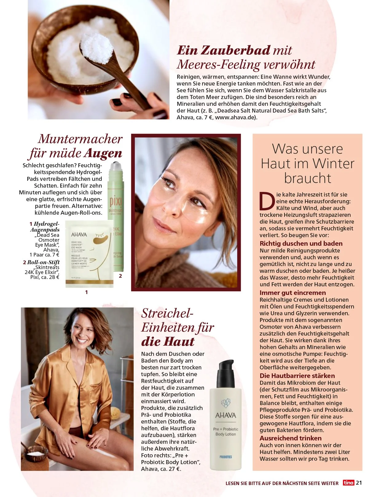 Eine Zeitschriftenseite mit Tipps für die Hautpflege im Winter, darunter ein Bad mit Meersalz, Augenpflege-Produkt, Hautpflegeprodukte und eine Frau, die sich auf einem Bett entspannt.