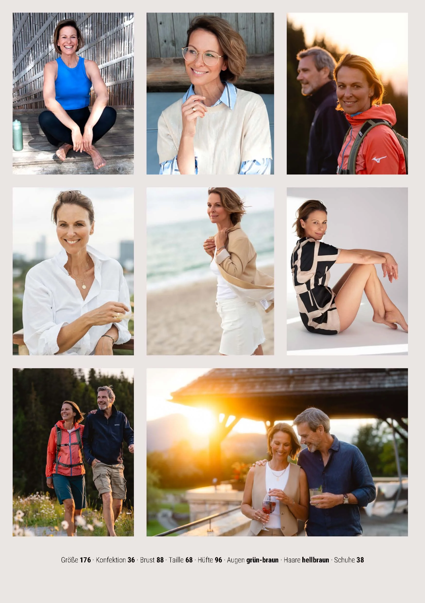 Collage aus mehreren Fotos von Frauen und Männern in verschiedenen Umgebungen, die entspannte und glückliche Momente beim Spaziergang, an einem Strand und beim Sonnenuntergang zeigen.