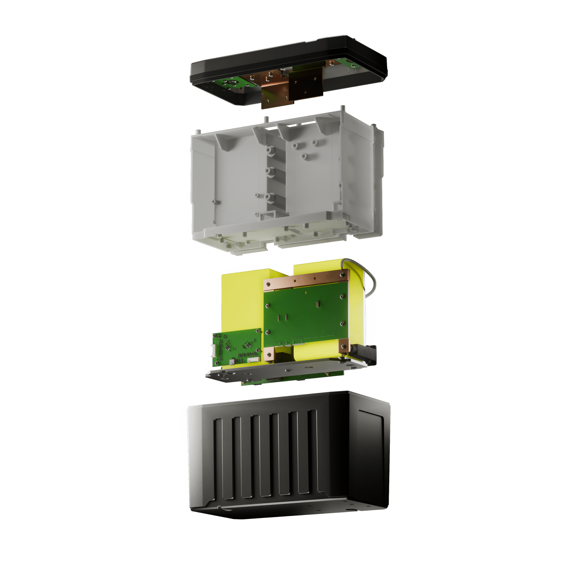 Exploded view of a disassembled electronic device showing the outer casing, internal circuit boards, battery pack, and other components.