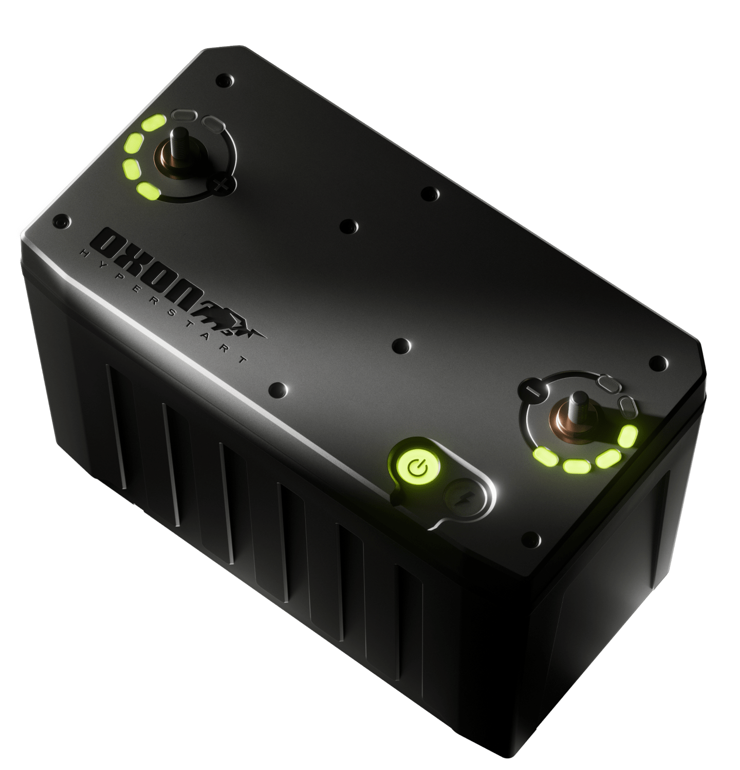 A black RC drone battery pack with illuminated green power button and indicator lights, and branding that says 'HYPERSTART'.