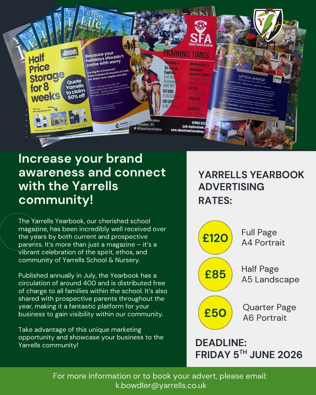 Increase your brand awareness and connect with the Yarrells community.

Our cherished Yarrells Yearbook is more than just a magazine it is a celebration of the spirit, ethos and community of Yarrells School &amp; Nursery. 

Published annually in July