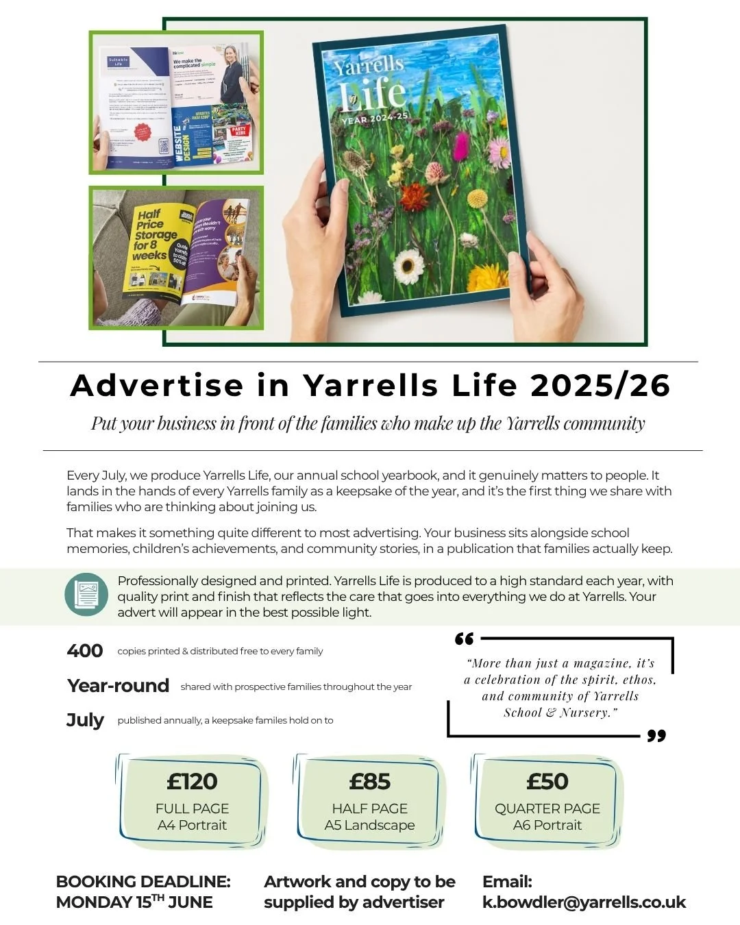 Your business, in the hands of the Yarrells community 📖

We're opening up advertising space in Yarrells Life, our professionally produced annual school yearbook. 400 copies, printed to a high standard, and kept by families long after the school year