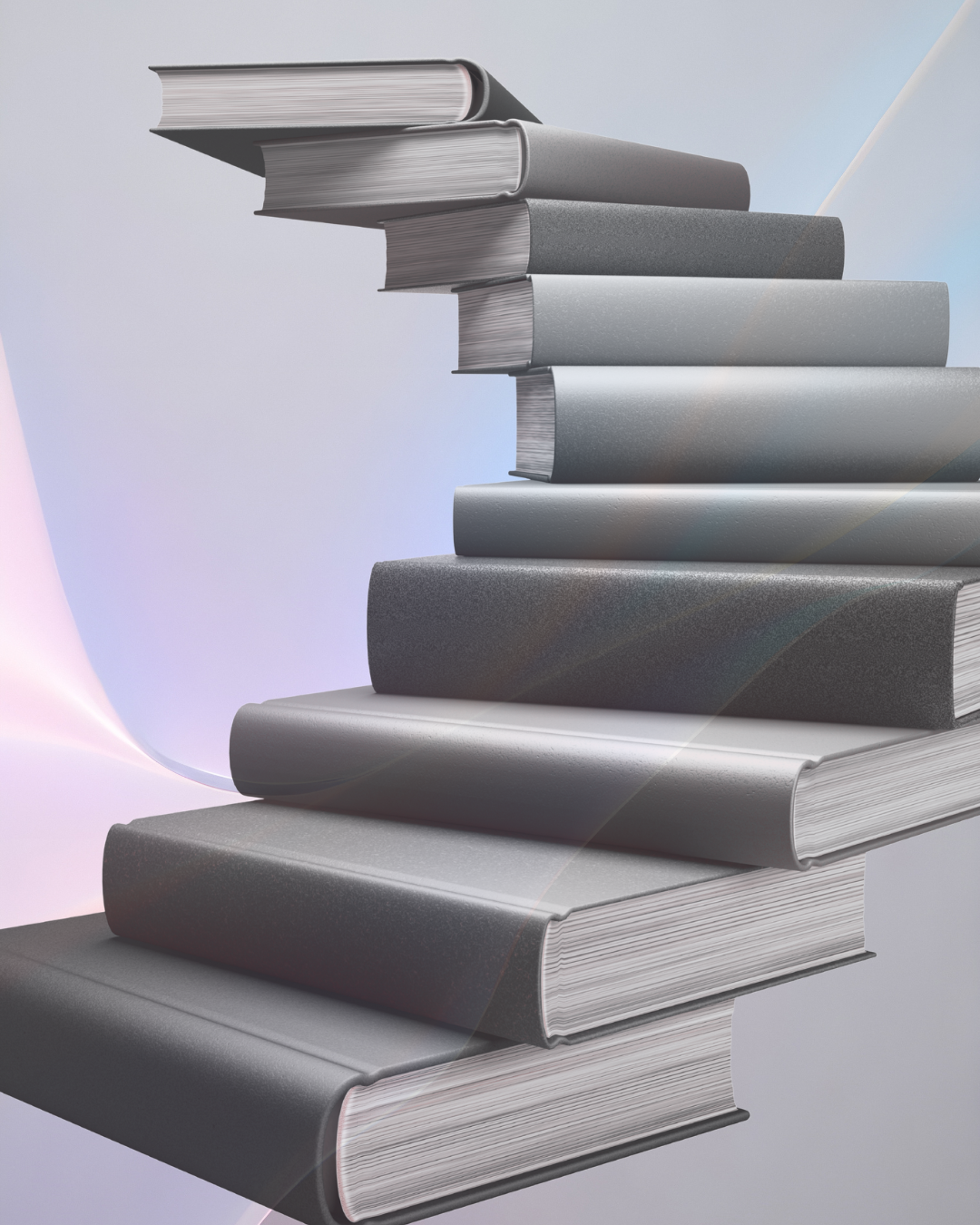 Stack of books with gray and black covers arranged to resemble stairs or a ladder against a soft pastel background.