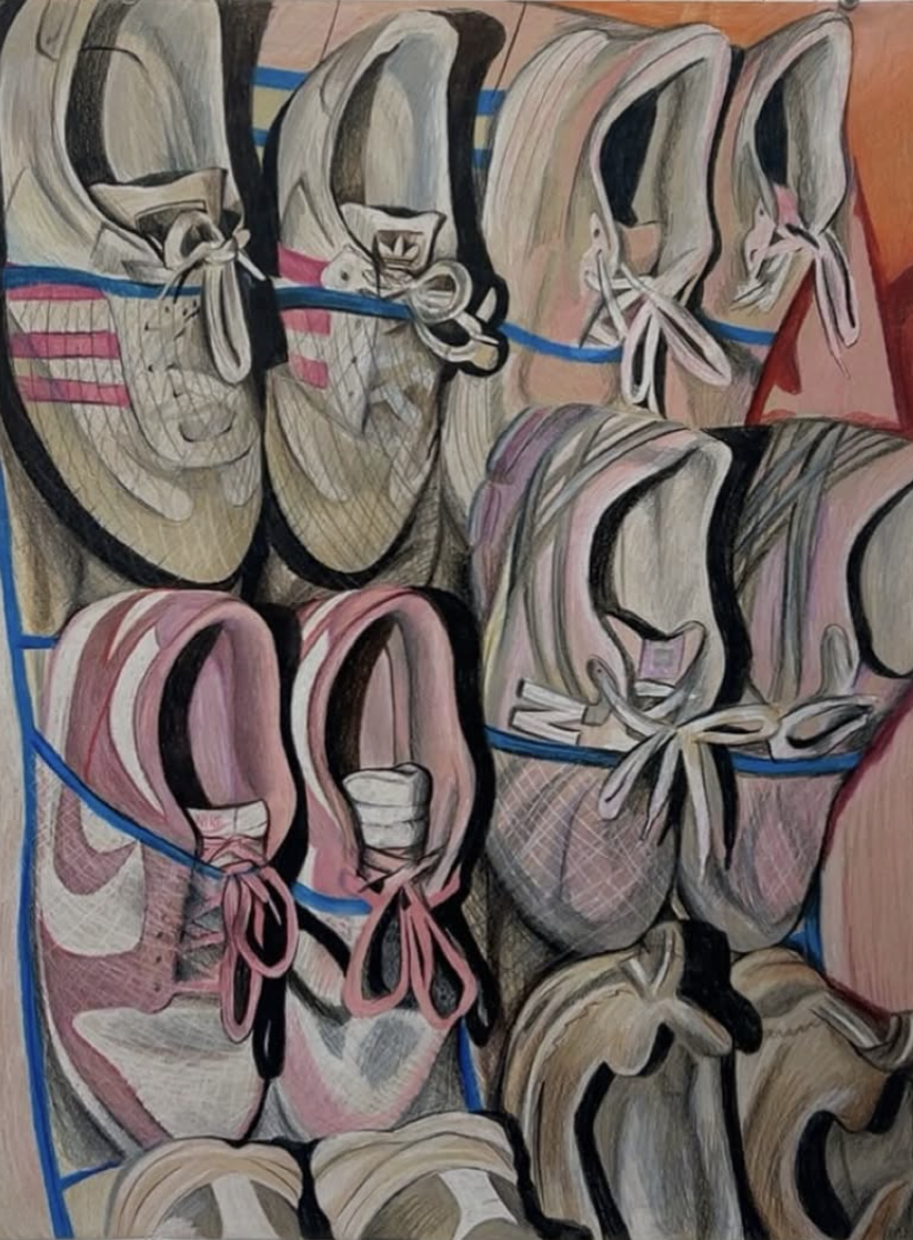 “Shoes”. 18”x24”. Color pencil on paper. “All My Stuff” series. 2025