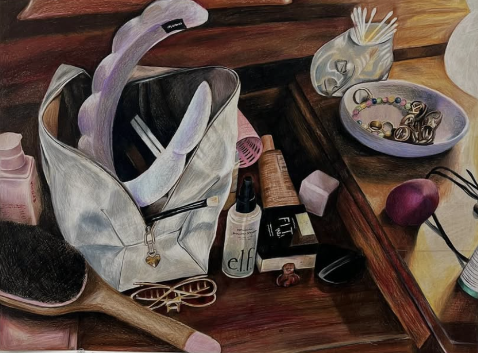 “Vanity” 18”x24”. Color pencil on paper | “All my Stuff” series. 2025