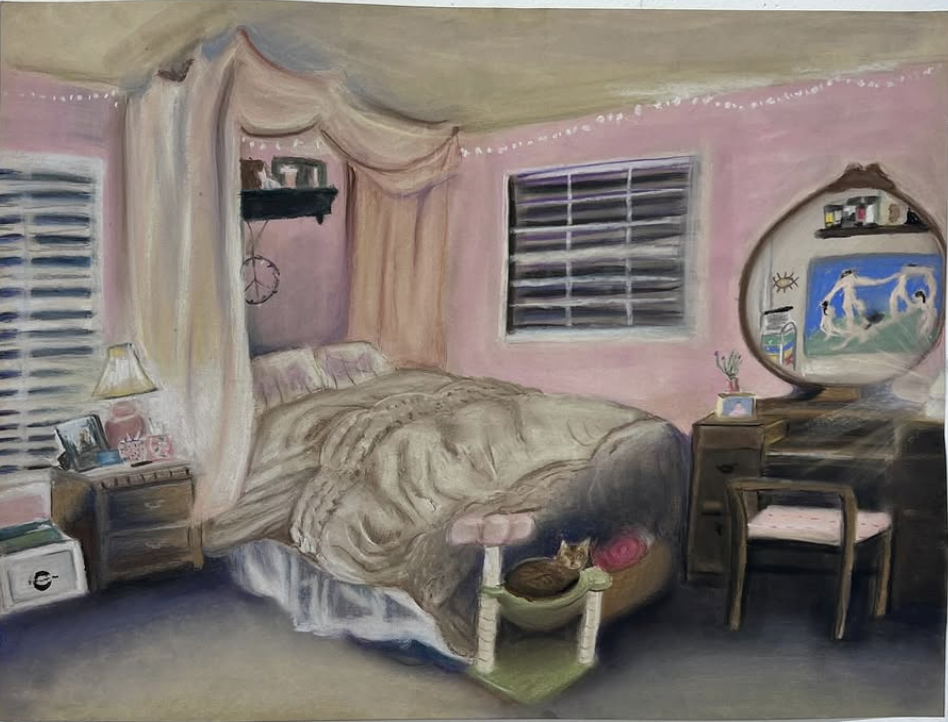 “Oasis”. 18”x24”. Charcoal pastel on paper. 2025