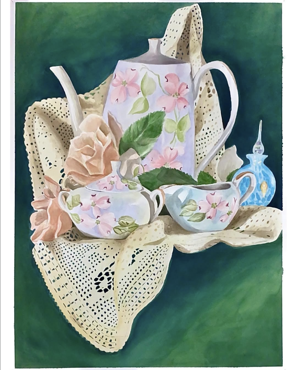 "Lace, teapots, and roses". Watercolor and Ink on paper. 2020