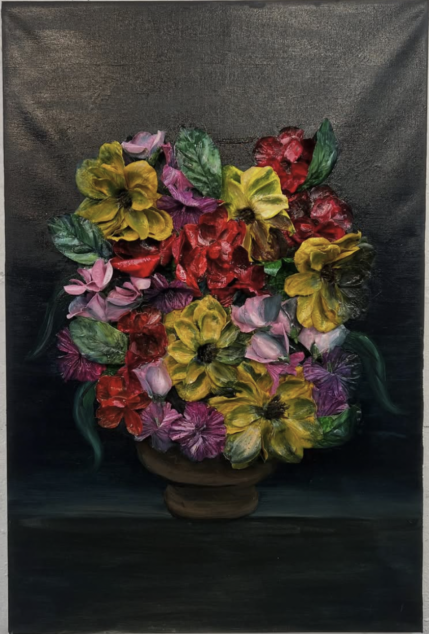 3D flower painting. 24”x36”. Oil, gesso and artificial flowers on canvas. 2025