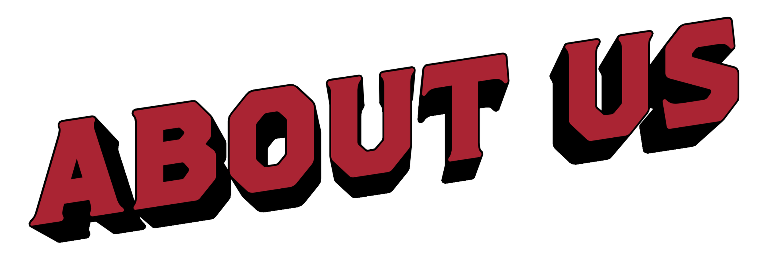 The word "ABOUT US" in bold, red 3D-style text with a black background.