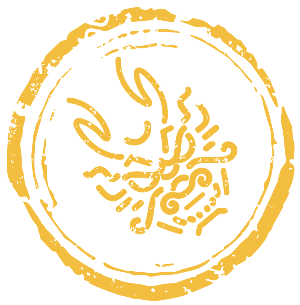 Stylized gold outline of a dragon head within a circular border on a black background.