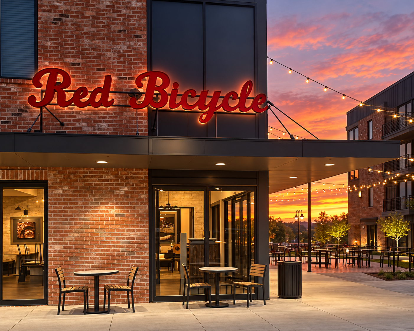 Red Bicycle Coffee storefront and patio illuminated at sunset in Mt. Juliet, Tennessee
