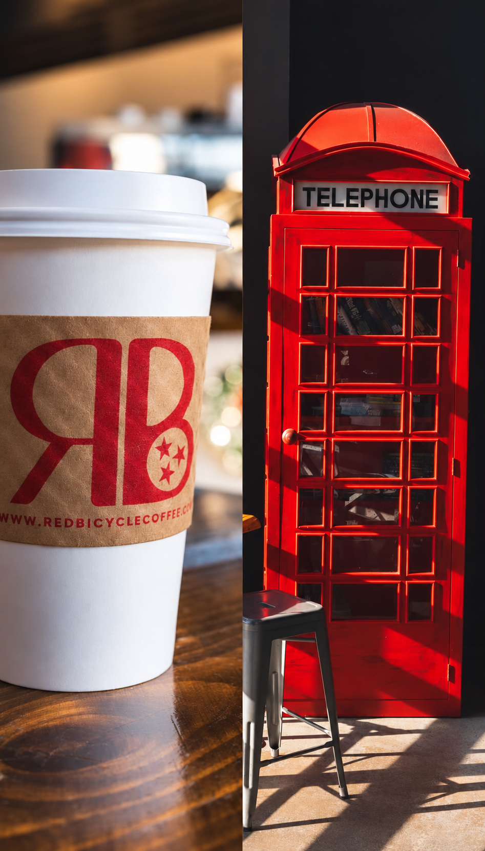 Red Bicycle Coffee cup beside the red telephone booth at the Woodbine Nashville café