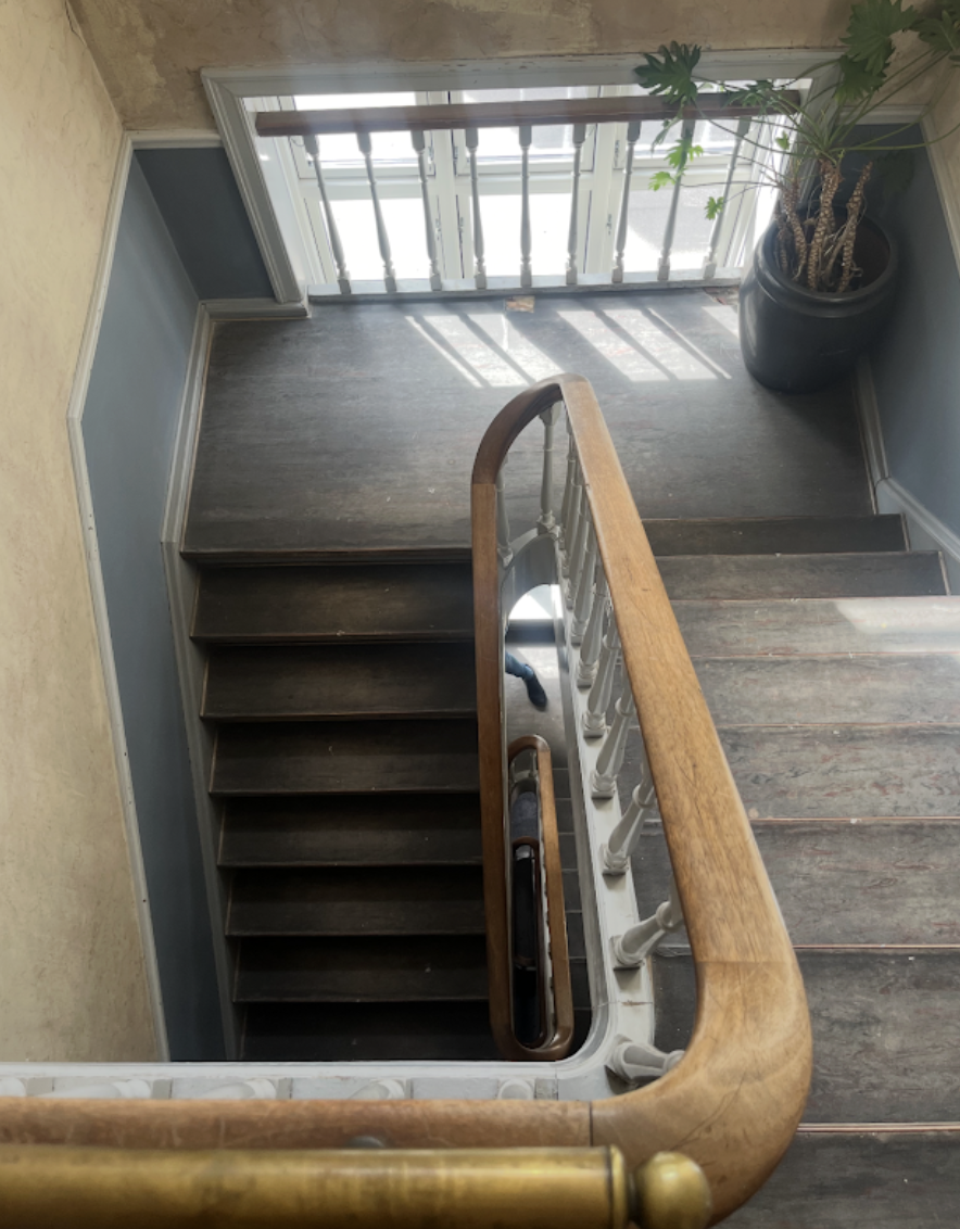View of a staircase from above leading to a small landing with a potted plant near a window.