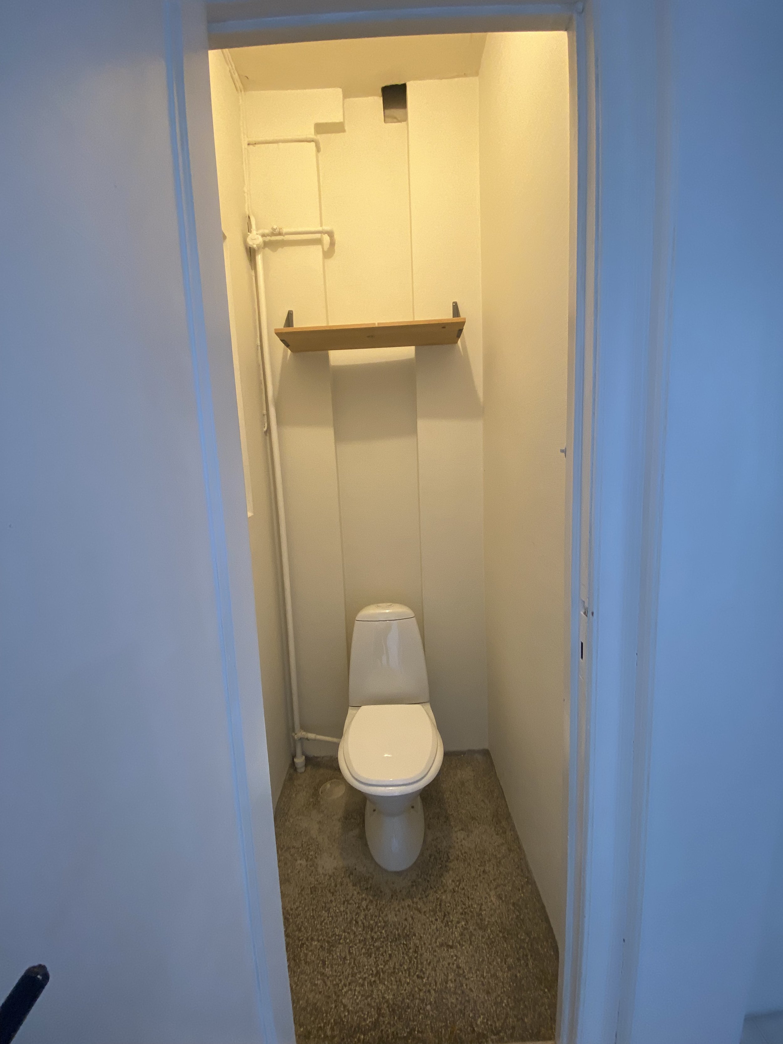 A small bathroom with a white toilet, a wooden shelf above it, and visible pipes along the wall.