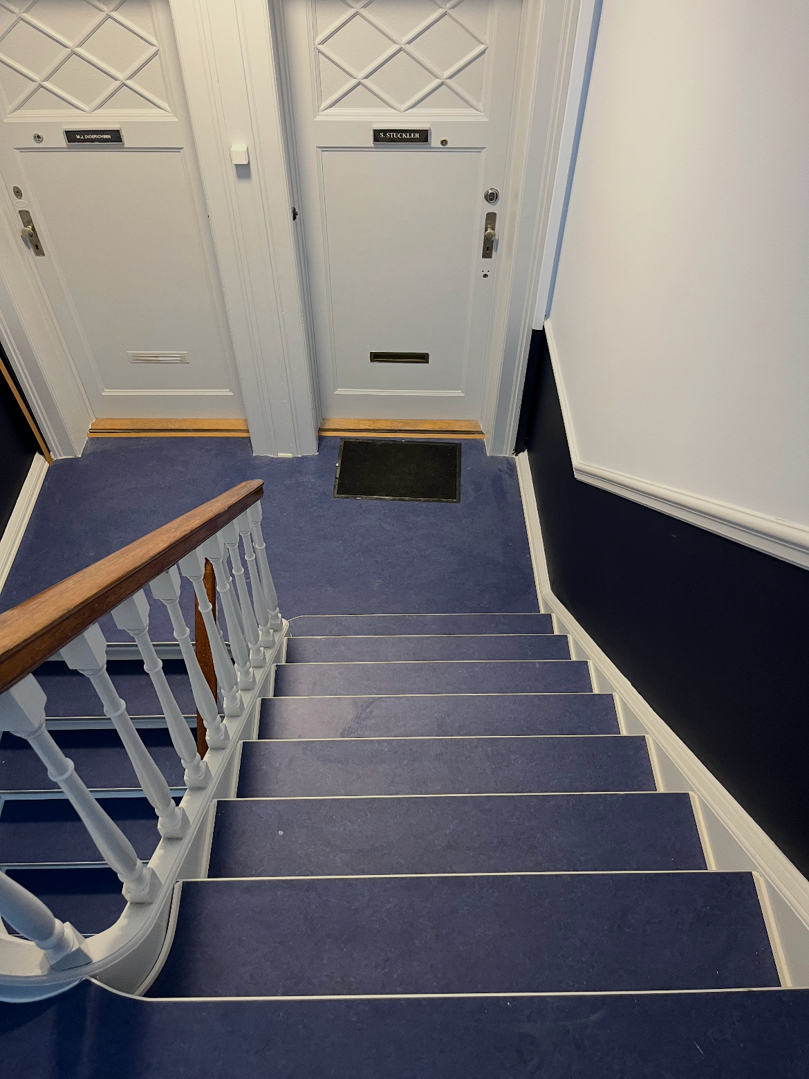 View of a staircase leading down to a hallway with two white doors labeled with black nameplates.