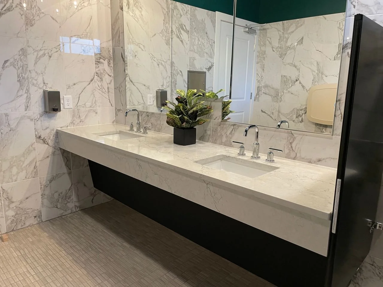 Public restroom with marble walls, a large mirrors, a white marble counter with two sinks, a plant in the middle, and a hand sanitizer dispenser on the wall.
