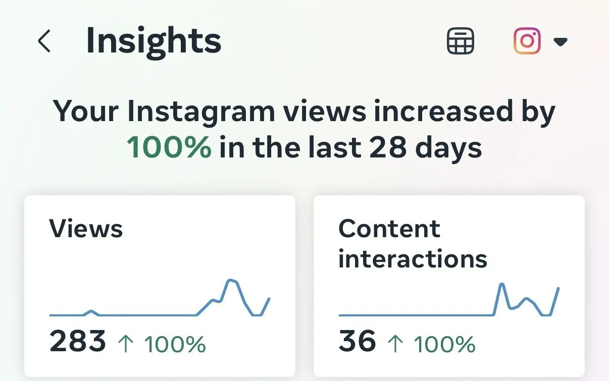 Instagram insights showing a 100% increase in views and content interactions over the last 28 days, with 283 views and 36 interactions displayed in line graphs.