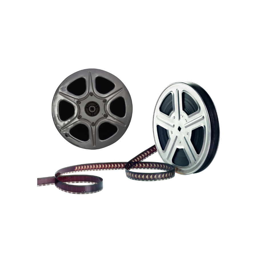 Two vintage film reels, one silver and one black, with a strip of film rolled in front of them.