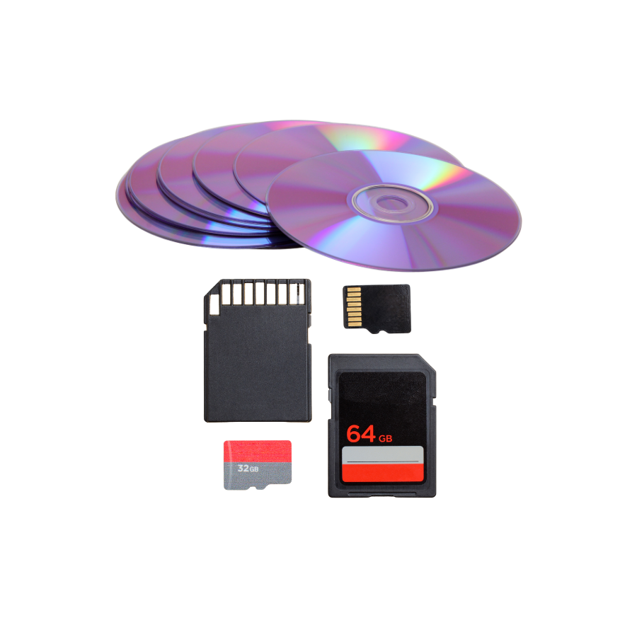 Collection of data storage devices including four CDs or DVDs, multiple SD cards, a microSD card, and a solid state drive.
