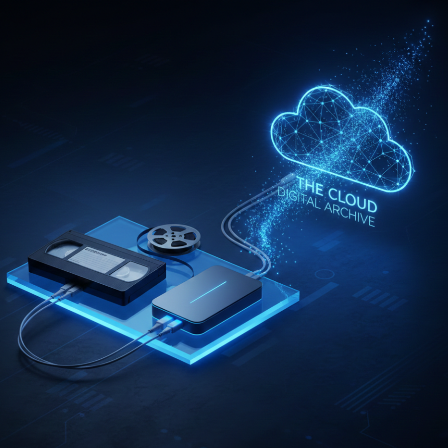 A digital illustration of data storage devices connected to a cloud labeled "The Cloud Digital Archive" with glowing blue lines and a cloud icon made of digital points and lines.