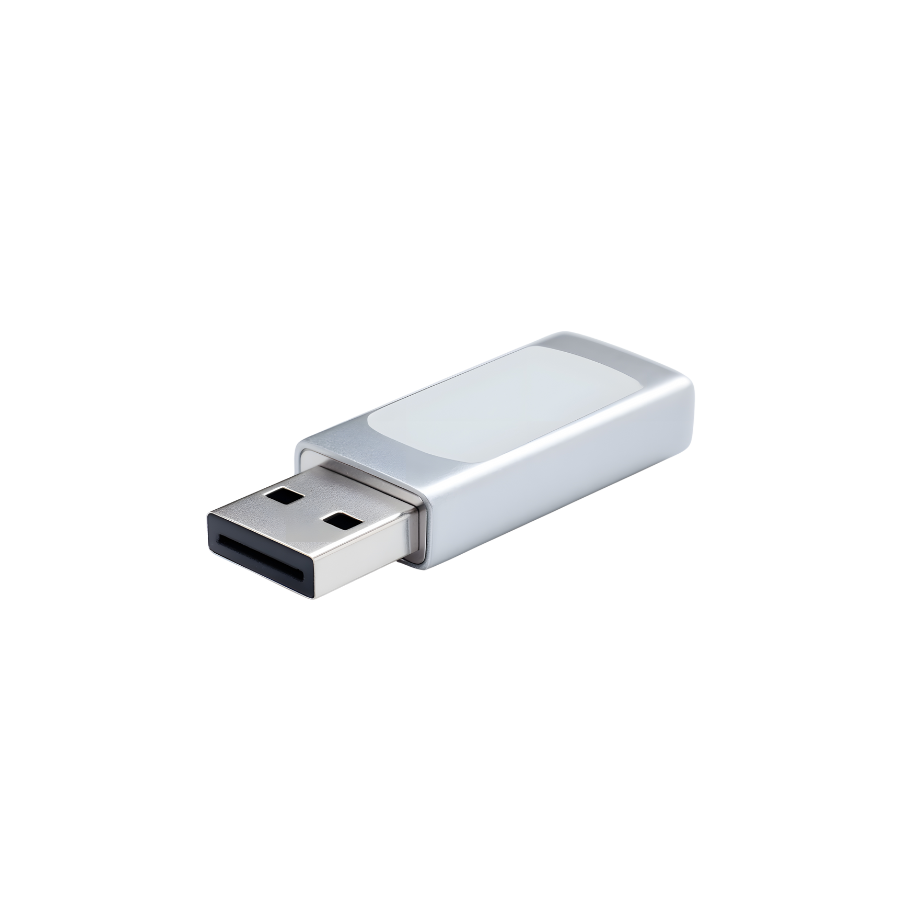 A silver USB flash drive with a white top, isolated on black background.