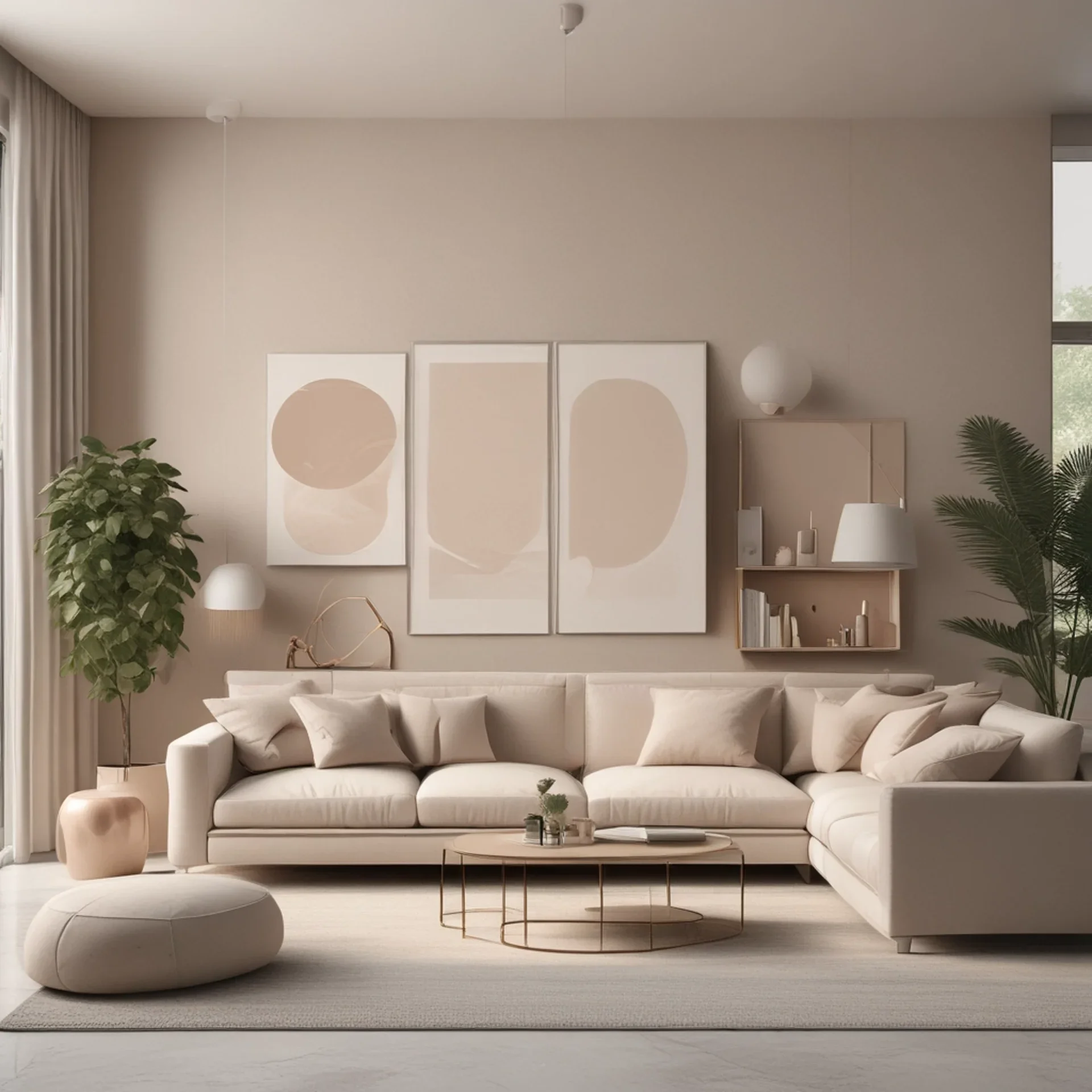 Minimalist living room with a beige sectional sofa, potted plants, wall art, a coffee table, and natural light.