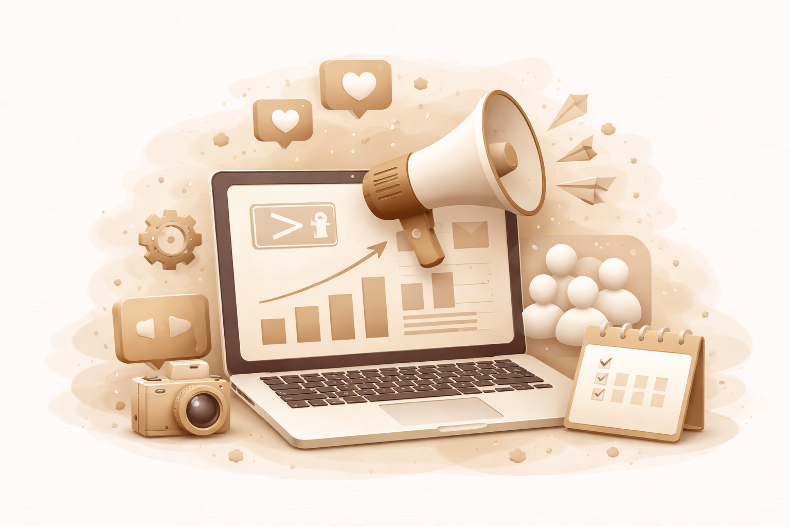 Seamless digital marketing and social media management concept featuring a laptop with a graph and arrow on its screen, a loudspeaker, icons of like and heart reactions, a camera, a gear, a group of people, and a notepad with checkboxes, all rendered in a beige and white color scheme.