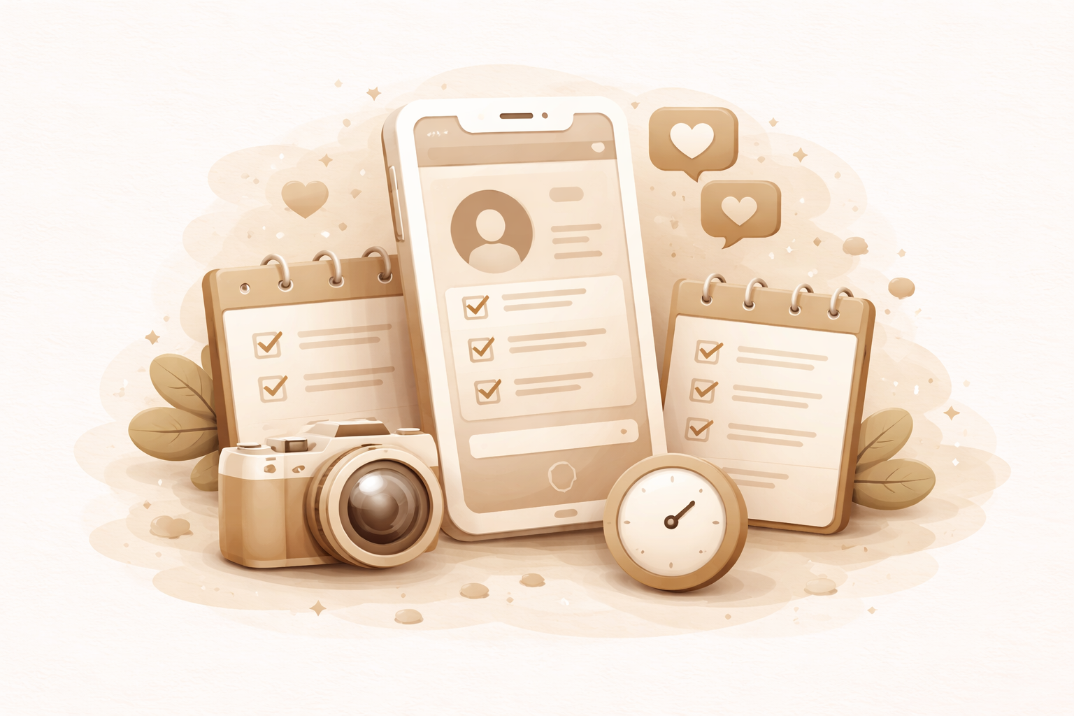 Illustration of a smartphone with social media profile, two checklists with check marks, a camera, a clock, and speech bubbles with heart icons, all in a sepia tone.