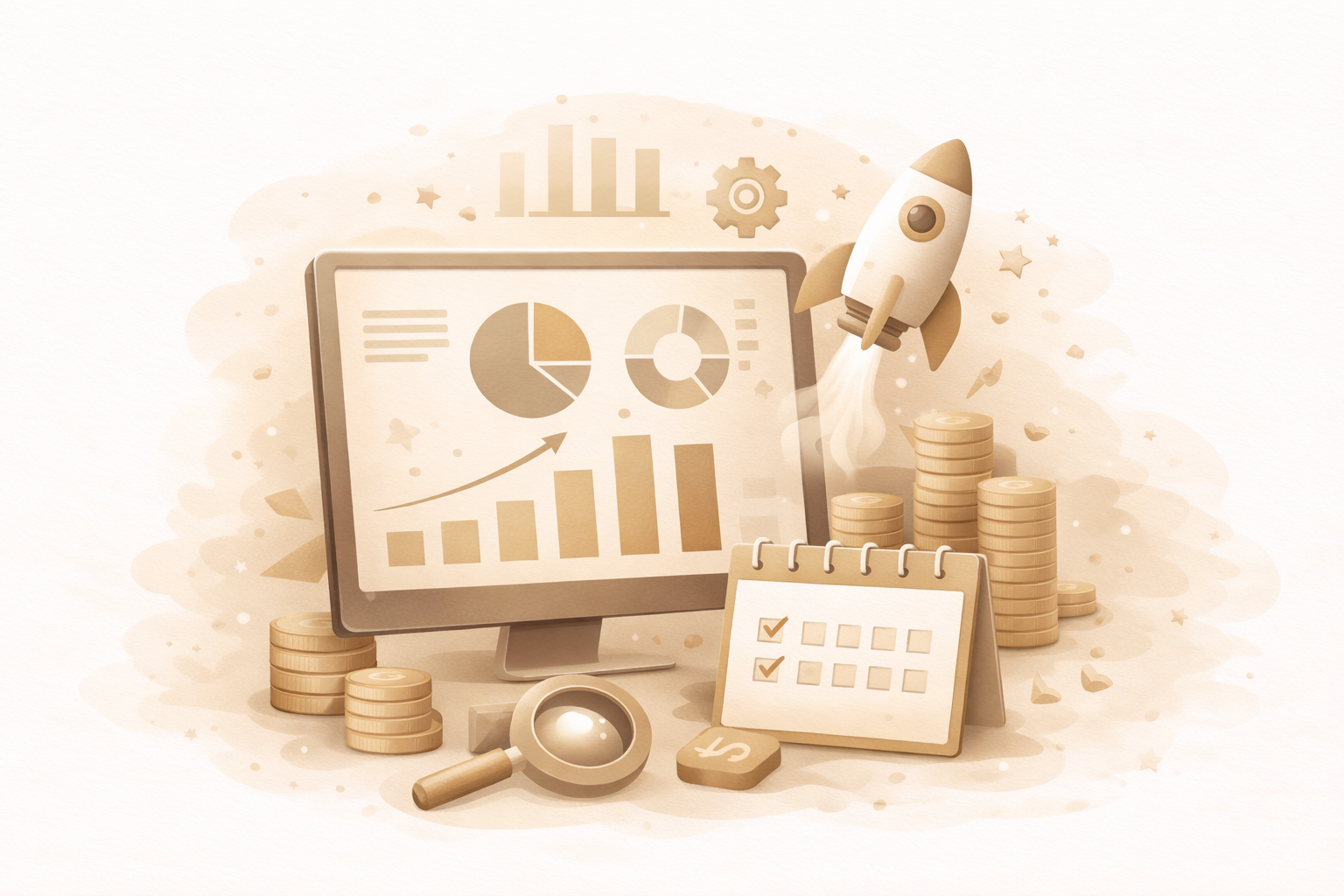 A digital illustration featuring financial growth symbols, including a monitor displaying pie charts and bar graphs, stacks of coins, a cartoon rocket launching, a magnifying glass, a calendar, and a dollar coin, all in beige tones.
