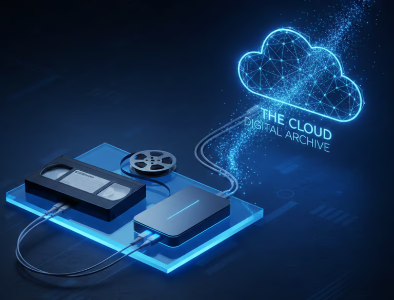 Digital illustration of a cloud with the text "The Cloud Digital Archive" connected via a cable to a tape drive, a reel, and a data storage device all on a glowing blue platform.