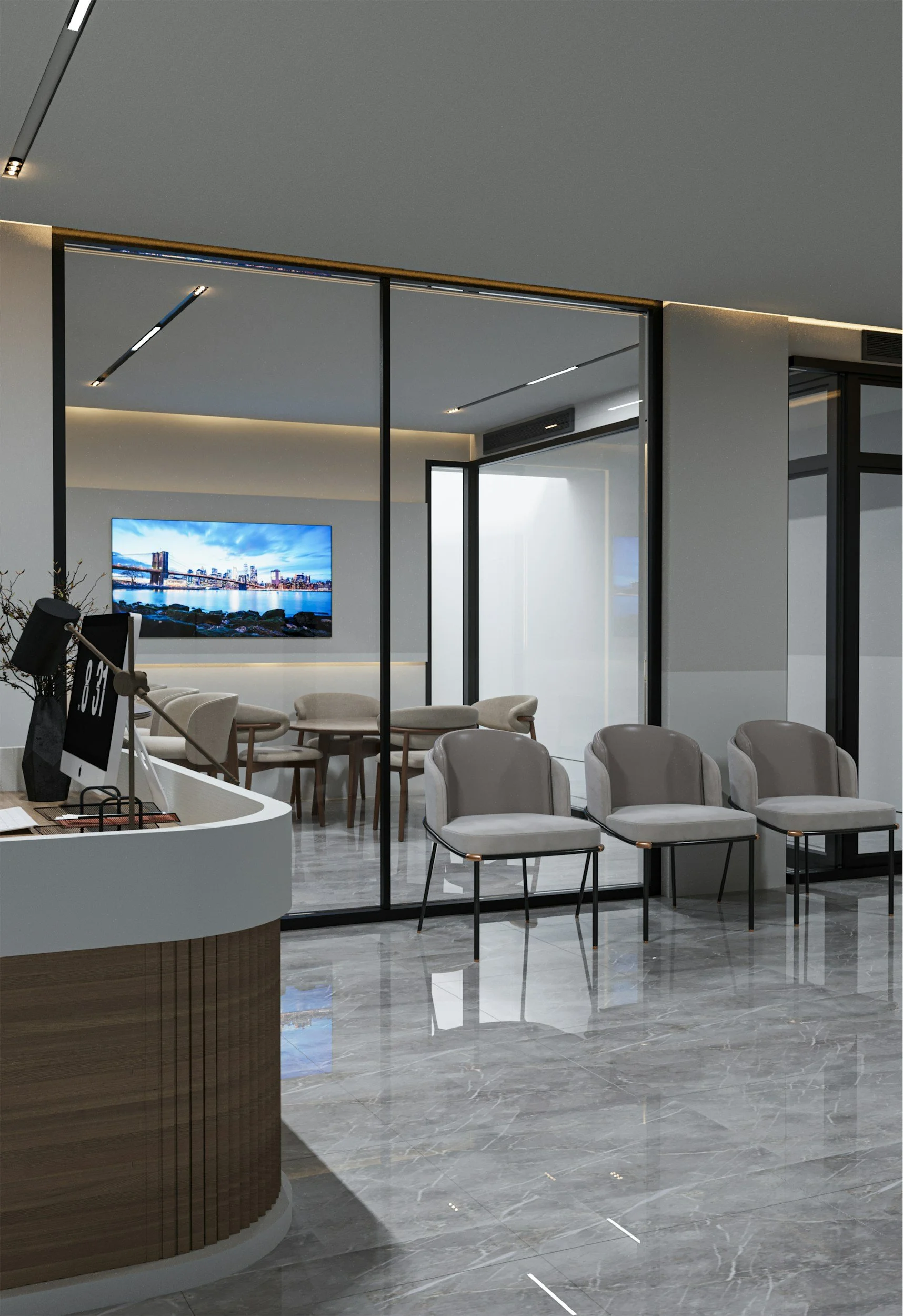 Modern hotel lobby with reception desk, seating area with cream-colored chairs and circular tables, large wall-mounted flat-screen TV displaying a cityscape, marble flooring, and glass walls dividing spaces.